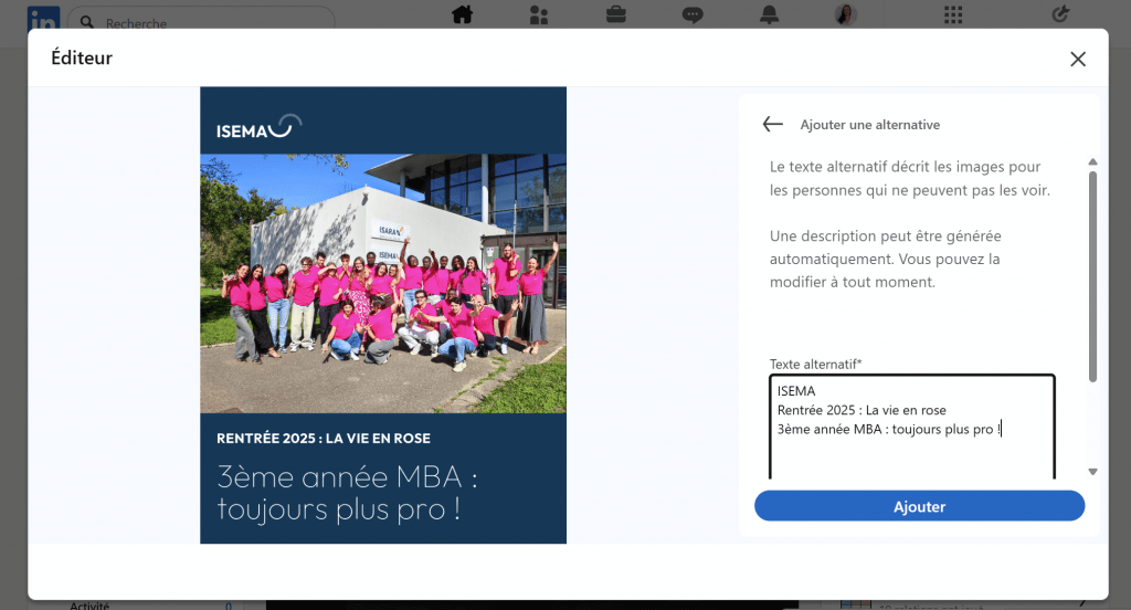 Accessibilité sur les réseaux sociaux : saisie d'un texte alternatif sur une image dans LinkedIn